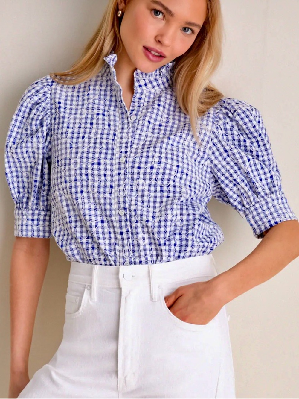 Hyacint House Embroidered Louisa Blouse Gingham Puff Sleeve Button-Down in Blue